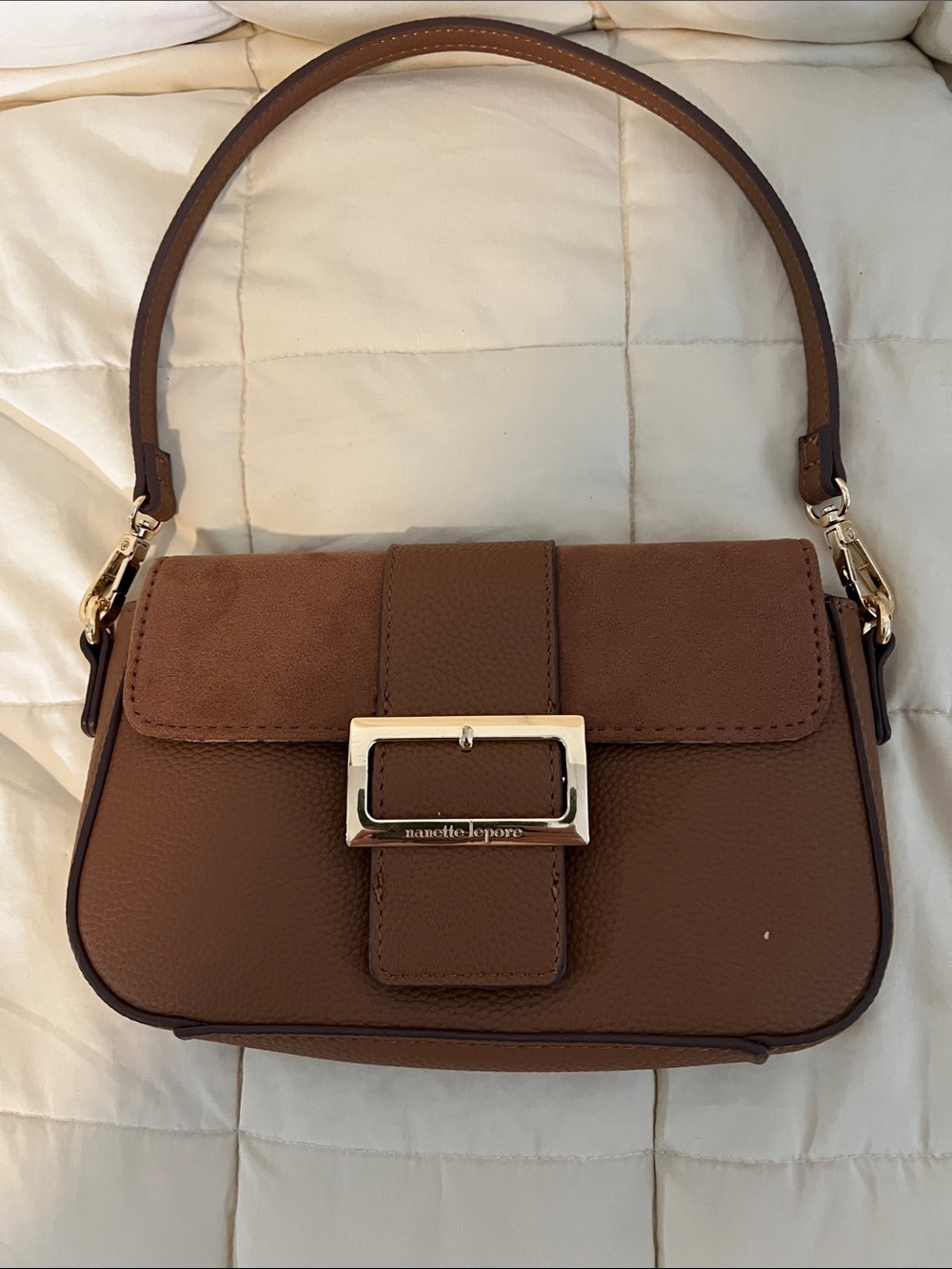 Nanette Lepore Brown Leather Shoulder Bag with Gold Buckle